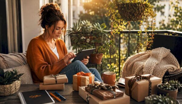Woman planning gifts with tablet and wrapped boxes