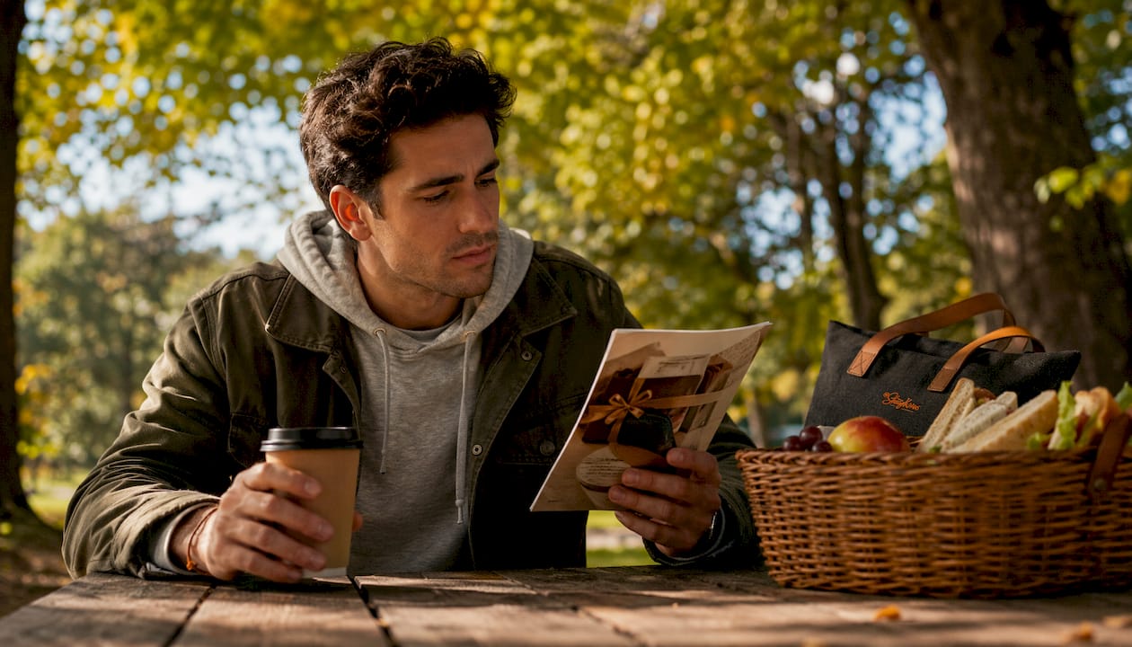 Man reviewing printed gift guide in café