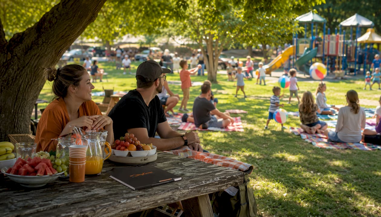 Families and kids enjoying community picnic