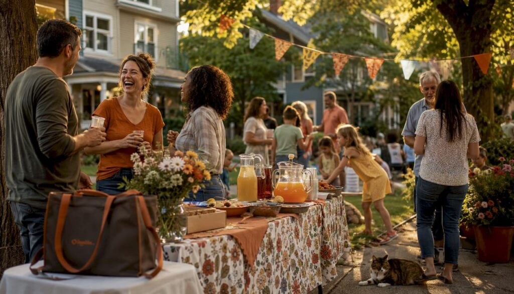 Neighbors enjoying festive block party outdoors