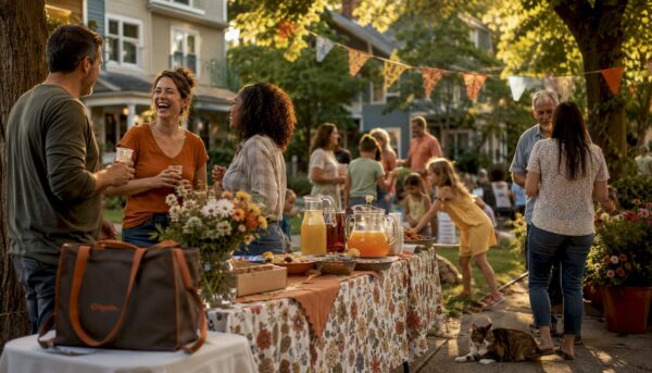 Neighbors enjoying festive block party outdoors