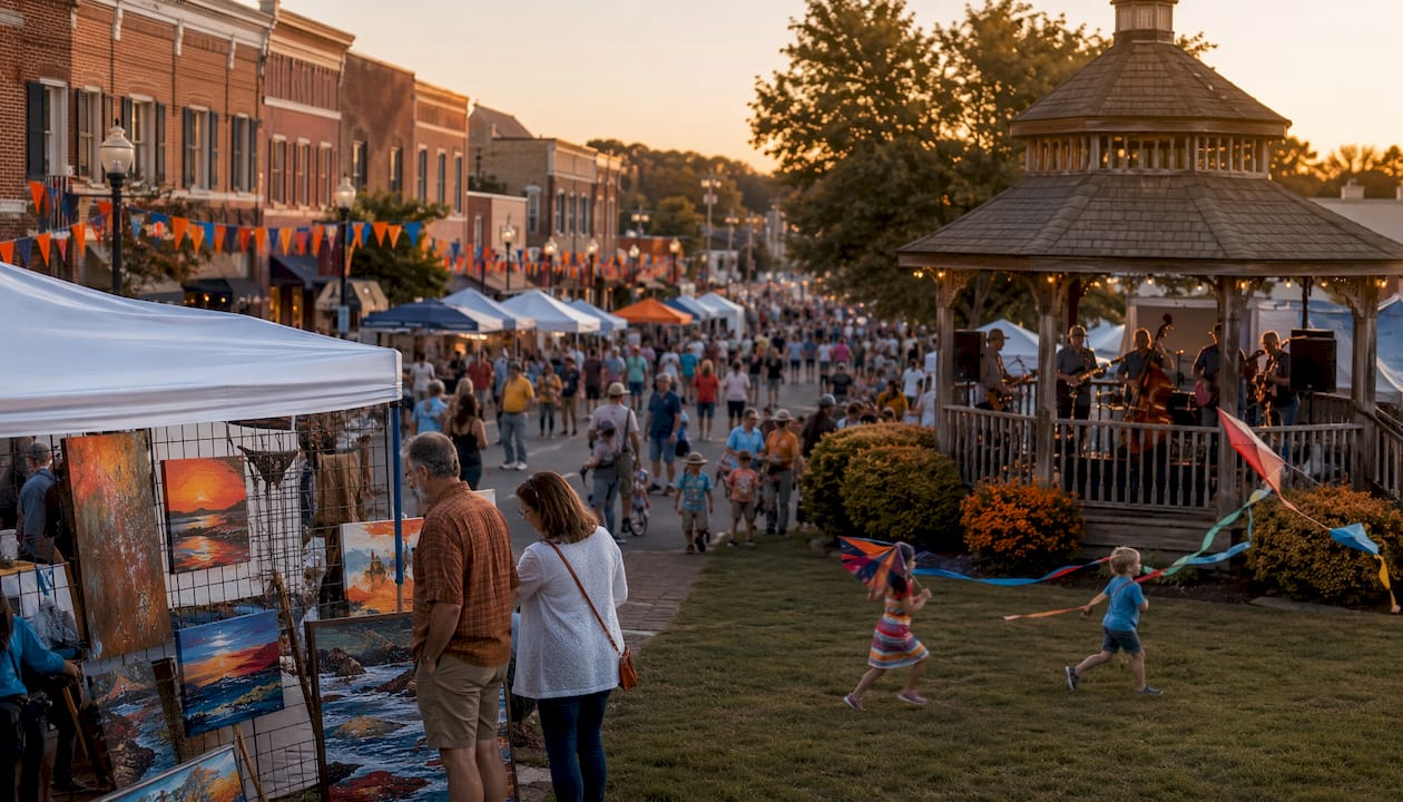 Community enjoying small-town arts festival outdoors