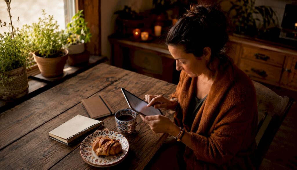 Woman reading product reviews on tablet at kitchen table