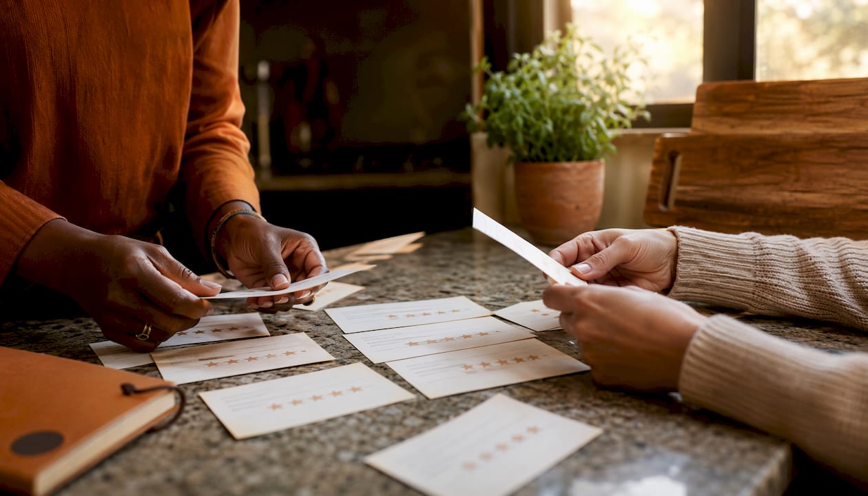 Hands examining product review rating cards on wooden desk