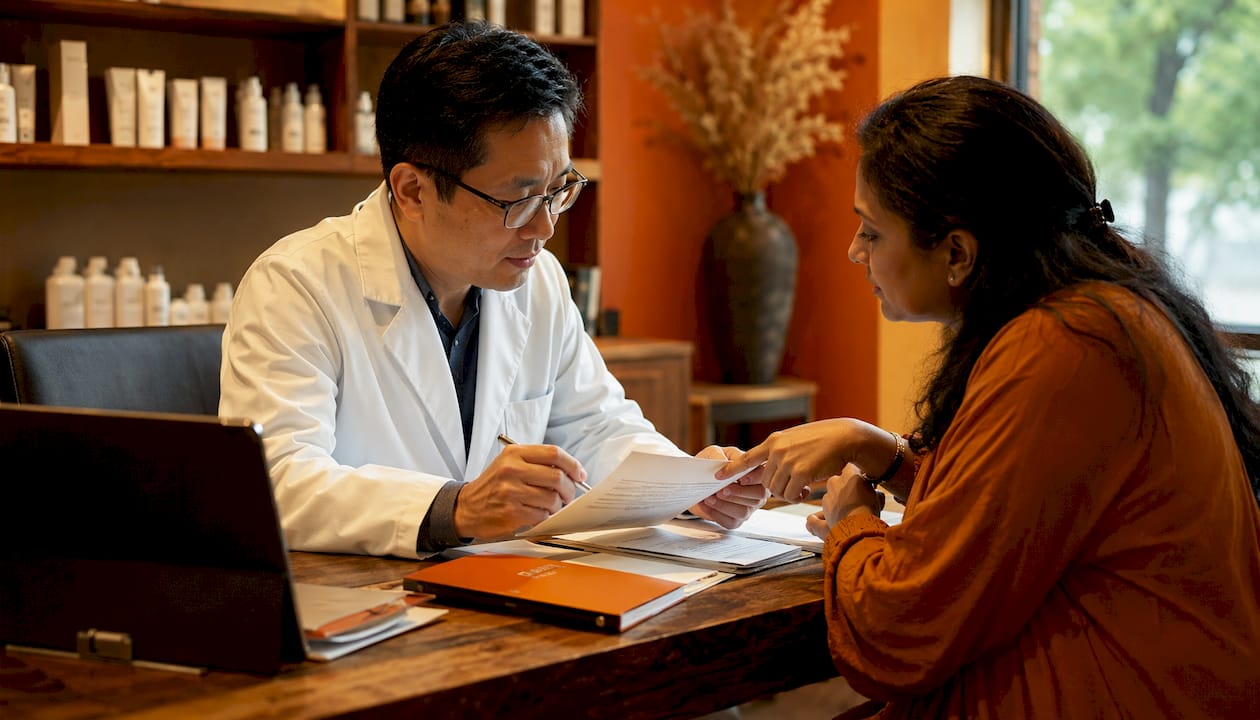 Dermatologist consulting skincare product with patient