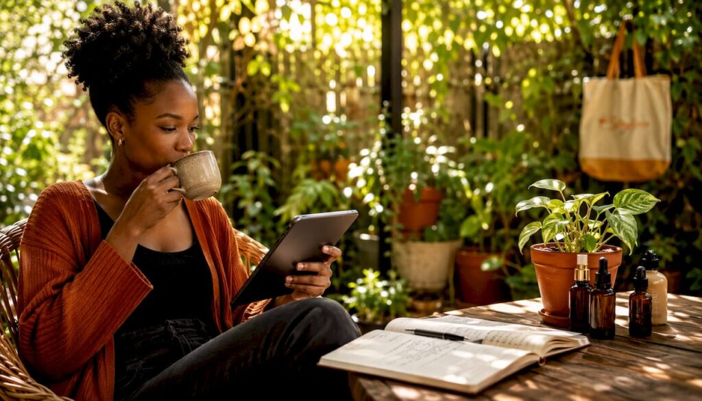 Woman reading skincare product reviews on tablet