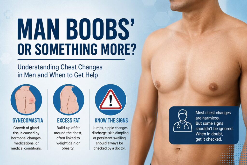 Infographic showing a man's chest with the headline "Man Boobs' or Something More?" alongside illustrations explaining gynecomastia, excess chest fat, and warning signs that should be evaluated by a healthcare professional, including lumps, nipple changes, and persistent swelling.