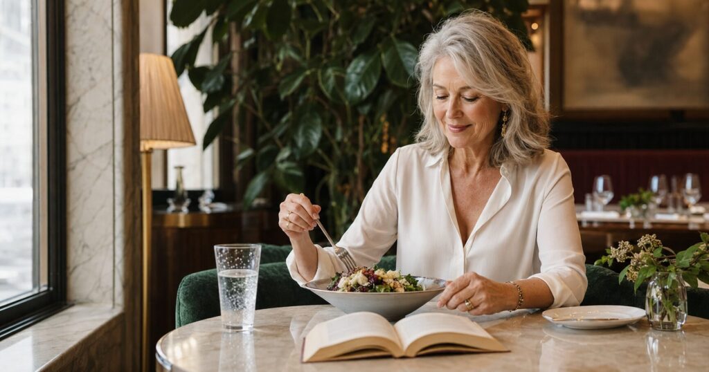 : Stylish woman enjoying lunch and a book alone at an upscale restaurant