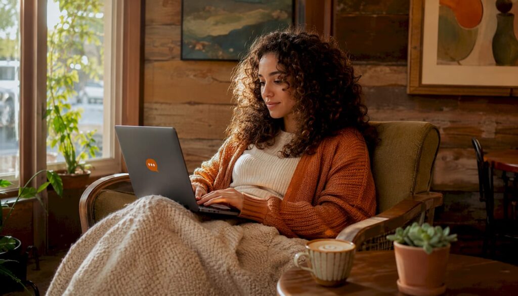 Woman browsing local businesses on laptop in café