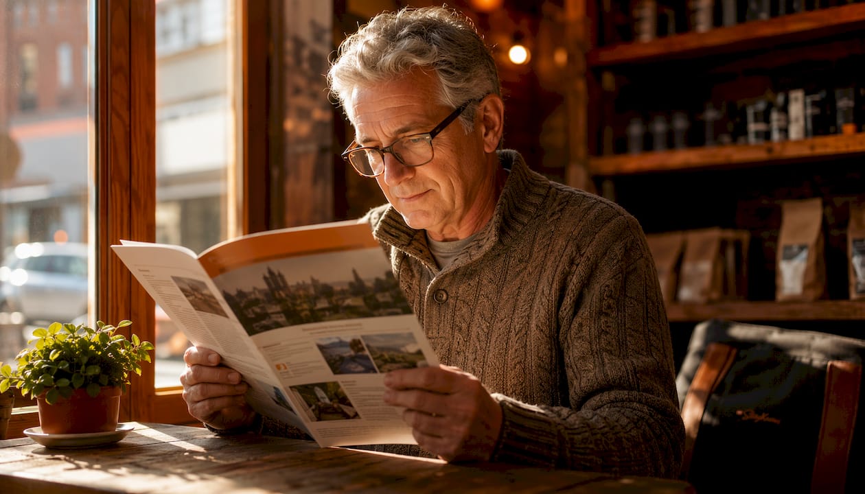 Man reading local lifestyle newsletter outdoors on bench