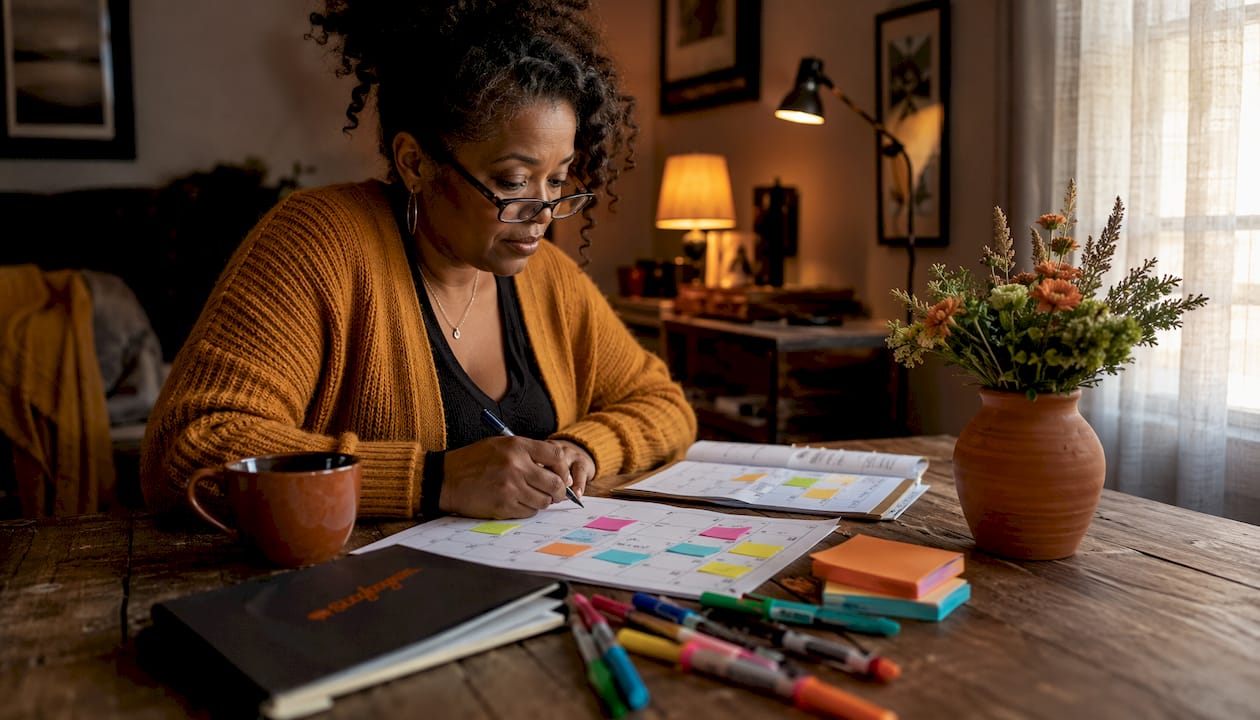 Woman planning local Bedford events at home