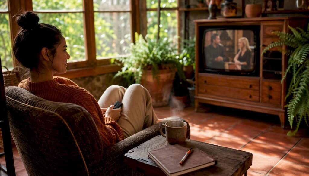 Woman watching celebrity interview on TV