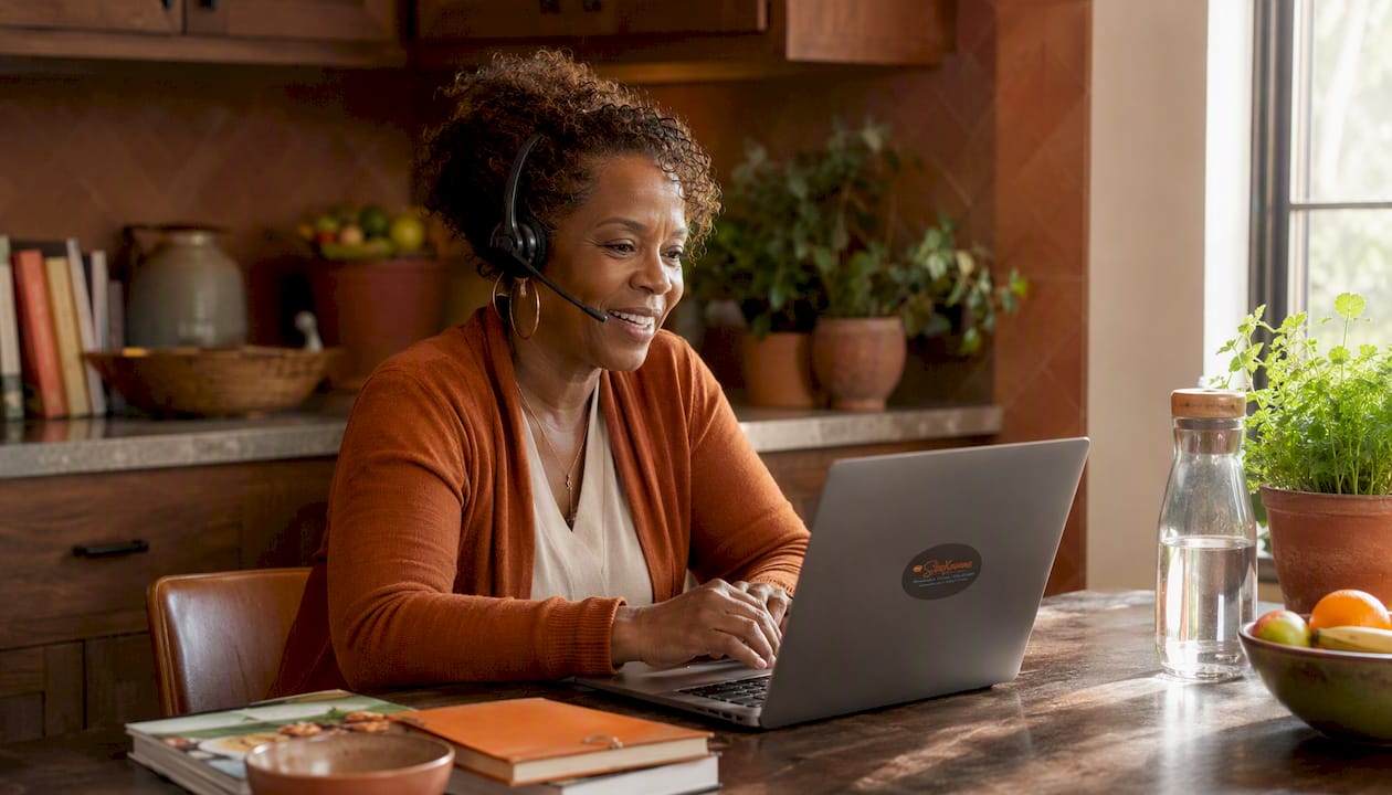 Woman having telehealth weight management consultation