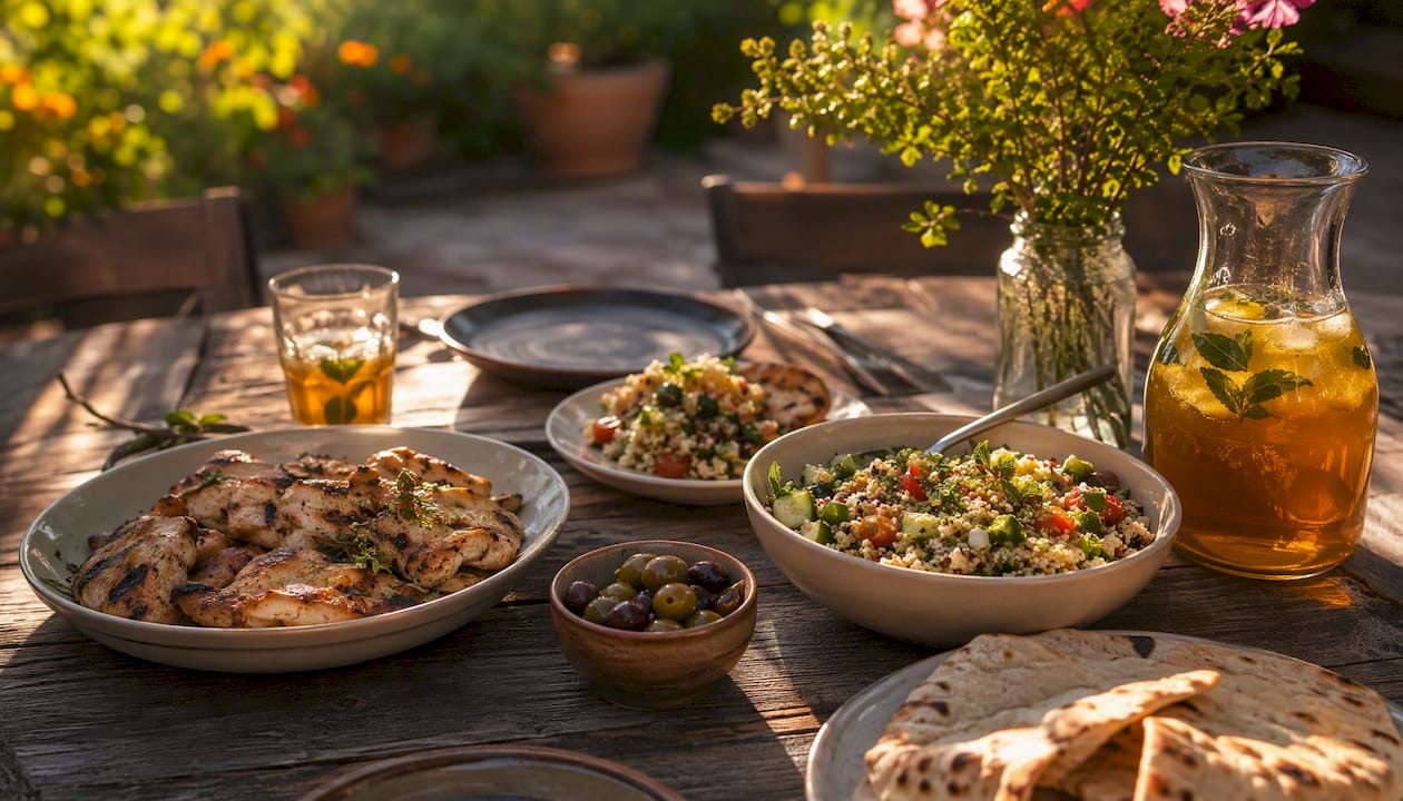 Mediterranean meal with fish and salad