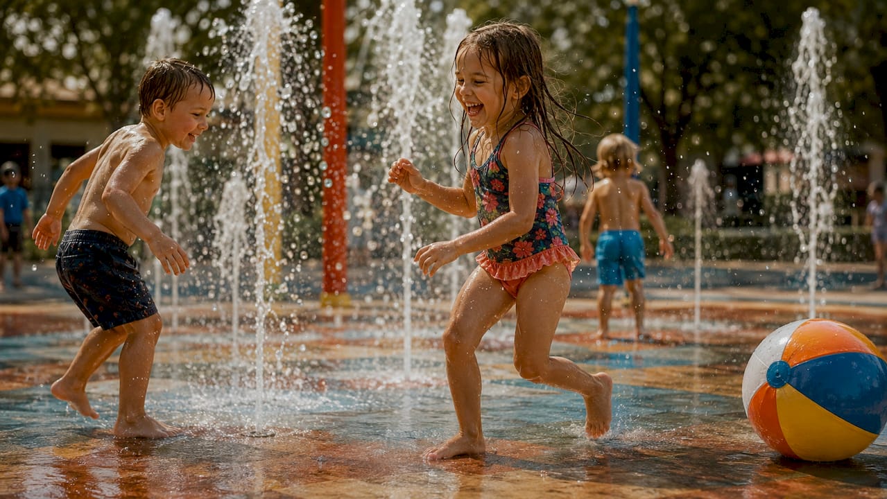 Children at splash pad water fountain