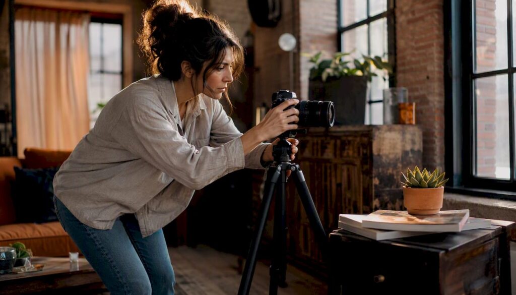 Lifestyle blogger adjusting camera in home studio
