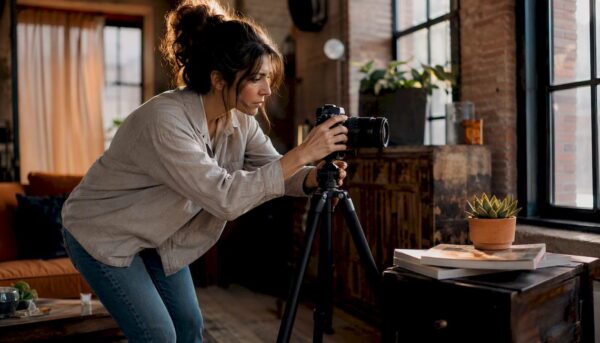 Lifestyle blogger adjusting camera in home studio