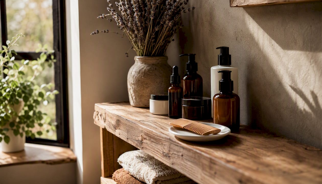 Natural skincare products on rustic bathroom shelf