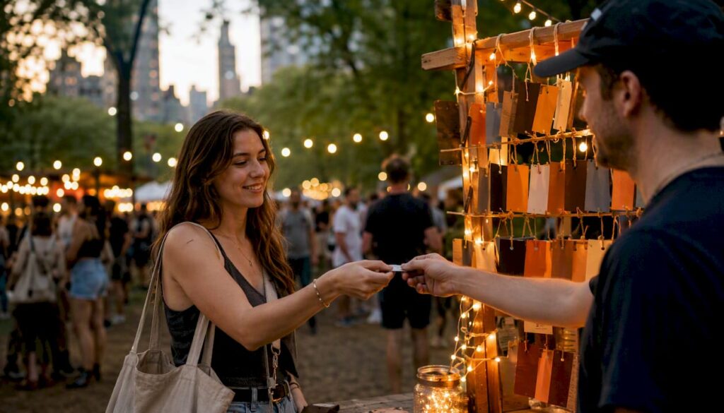 Hands exchanging tickets at NYC event booth
