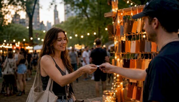 Hands exchanging tickets at NYC event booth