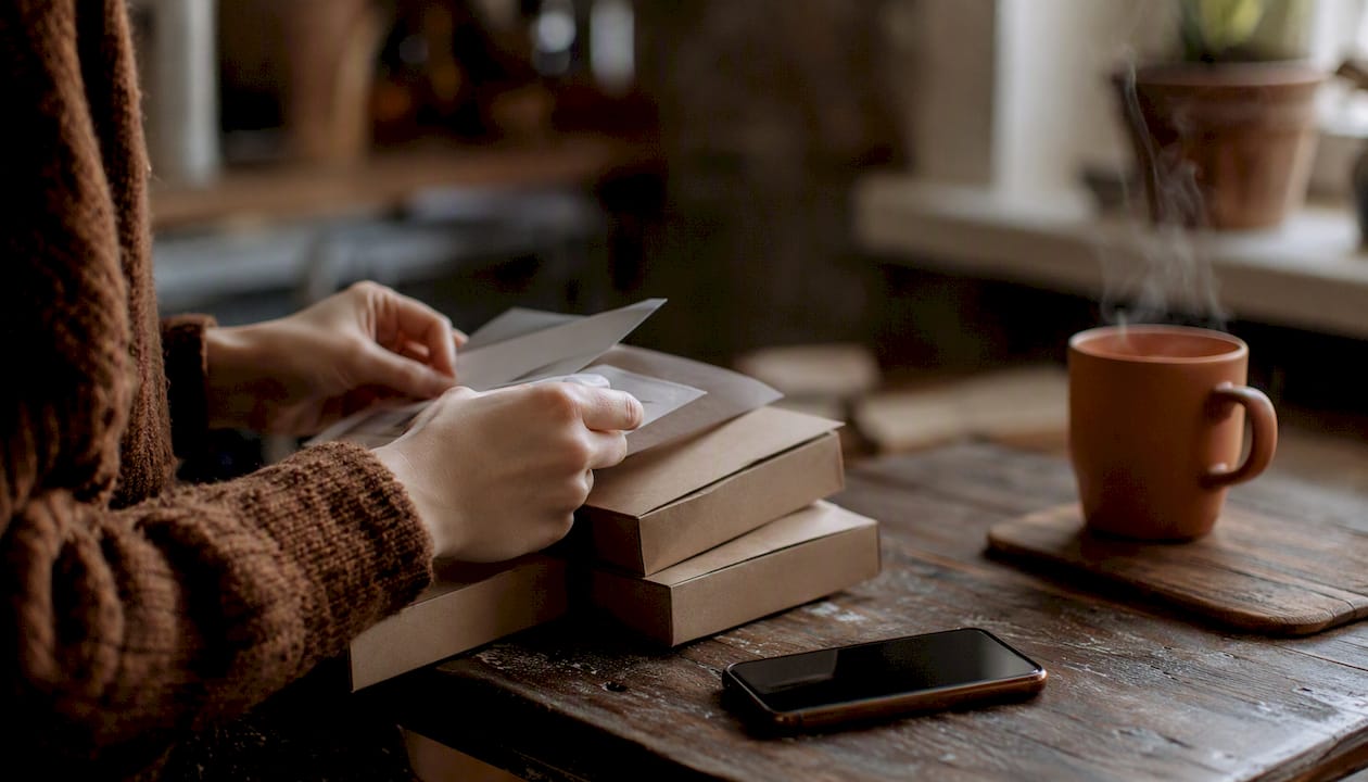 Hands arranging small lifestyle packages and notes