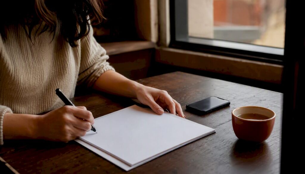 Hands arranging influencer marketing tools on desk