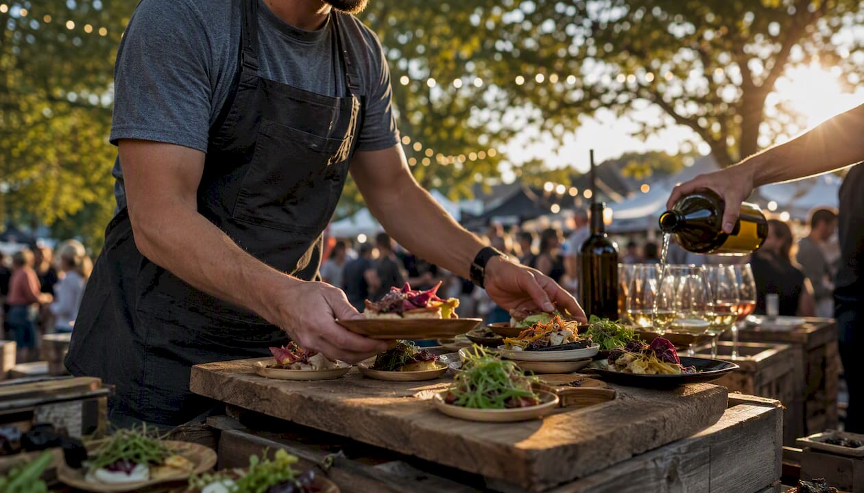 Hands arranging food at outdoor festival stall