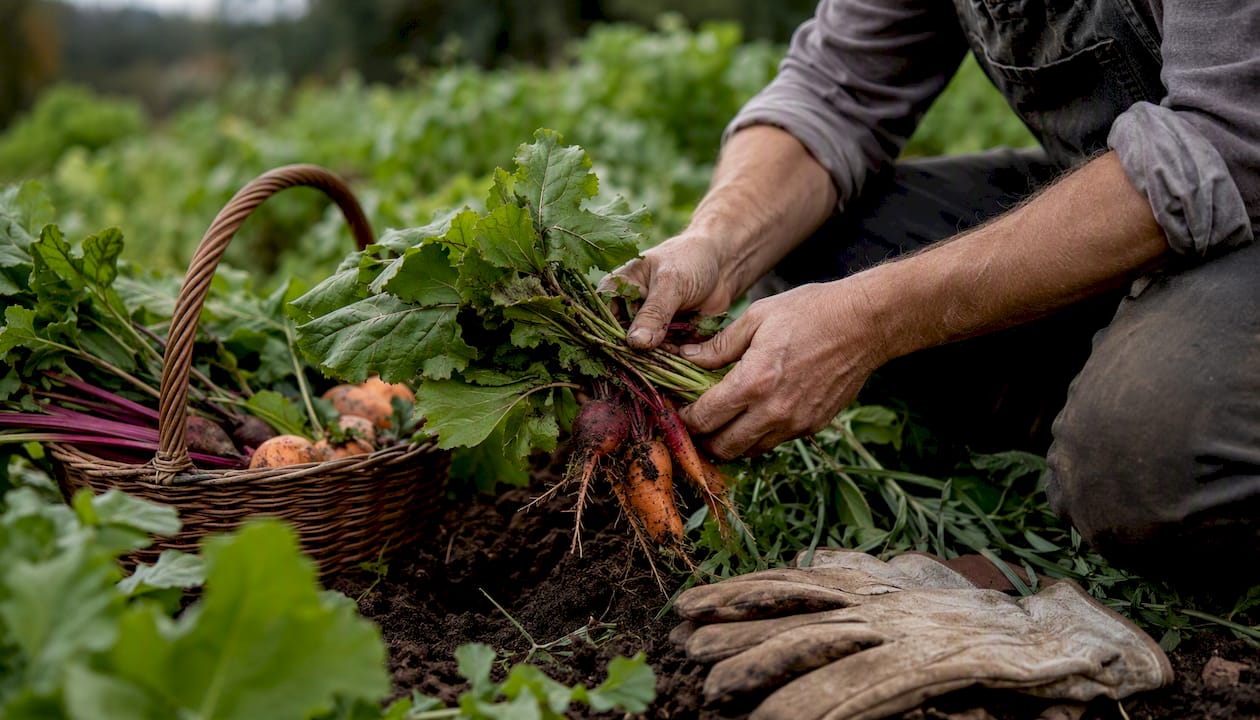 Farmer harvesting leafy greens in Hudson Valley