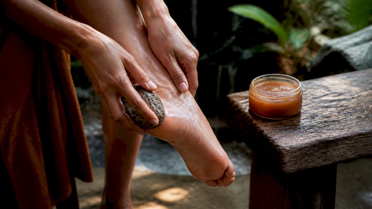 Hand exfoliating foot with pumice stone