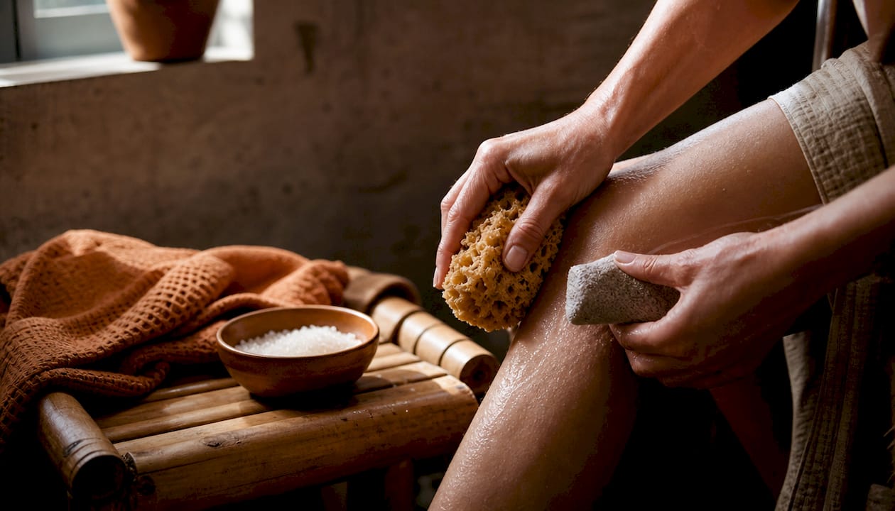 Hands holding exfoliation scrub tools
