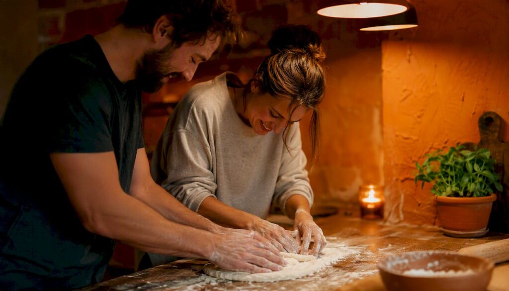 Couple preparing dinner together in warm kitchen