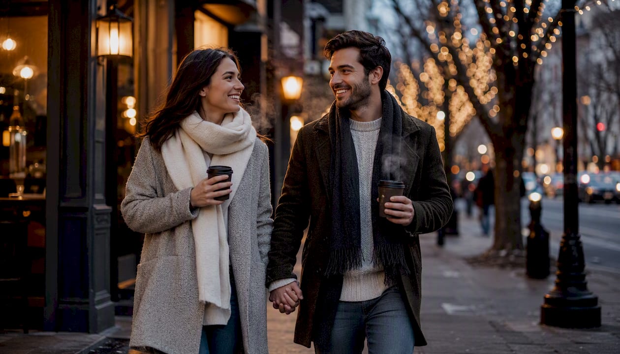 Couple walking with coffee mugs on city sidewalk