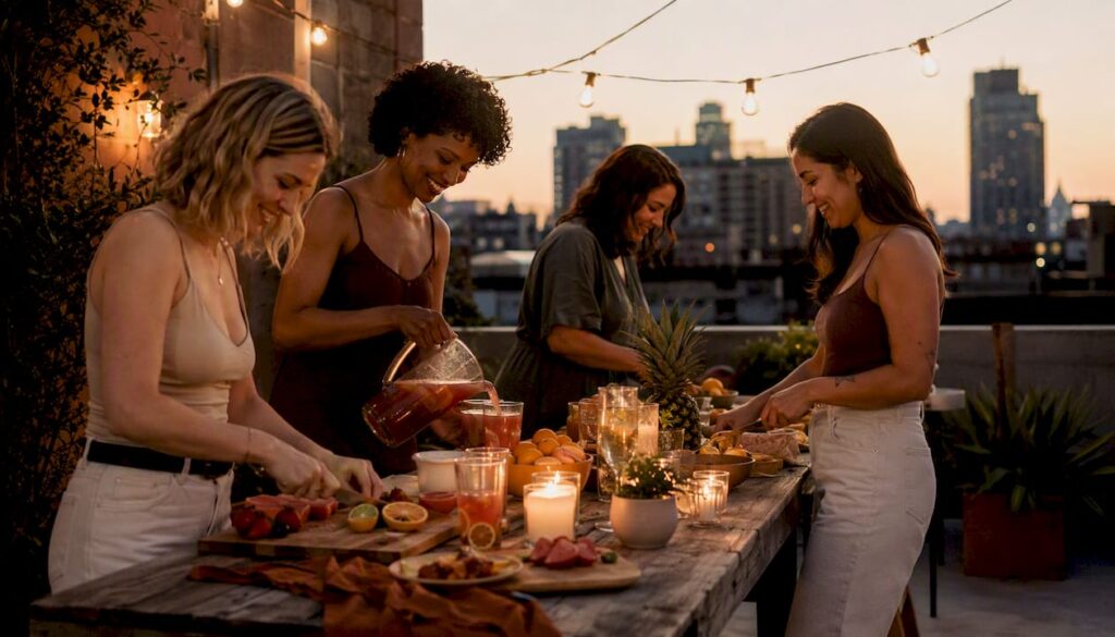 Women setting up snacks and drinks for girls night
