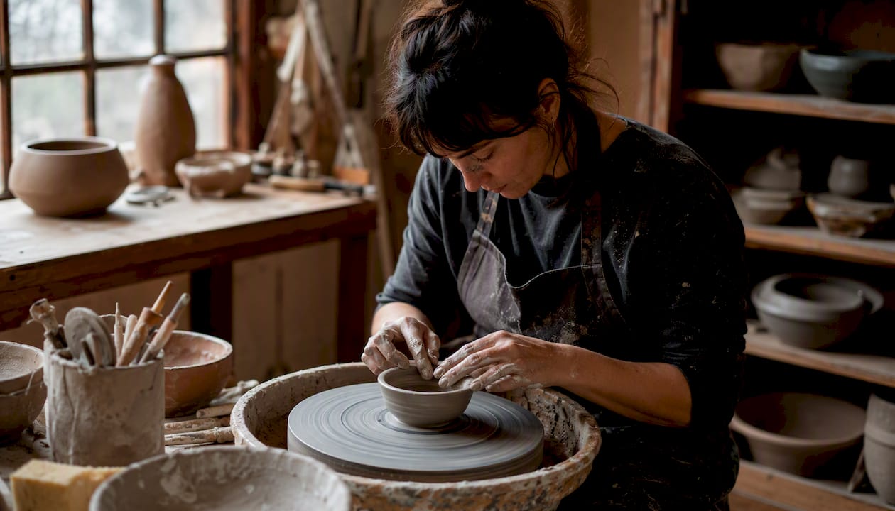 Hands molding clay pottery on wheel