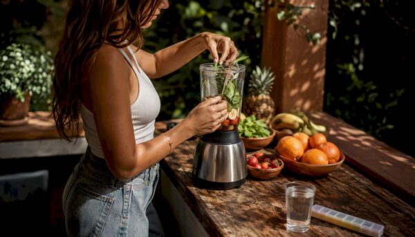 Hands preparing healthy meal with supplements on table
