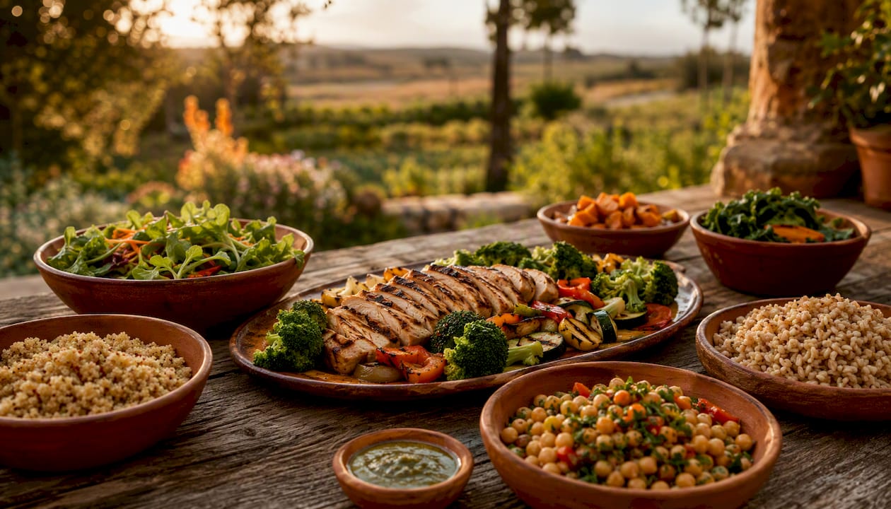 Protein and fiber rich meal on rustic table