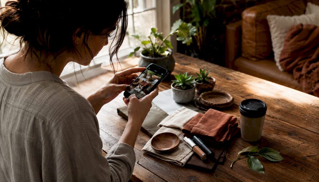Woman arranging beauty and lifestyle products for a phone photo