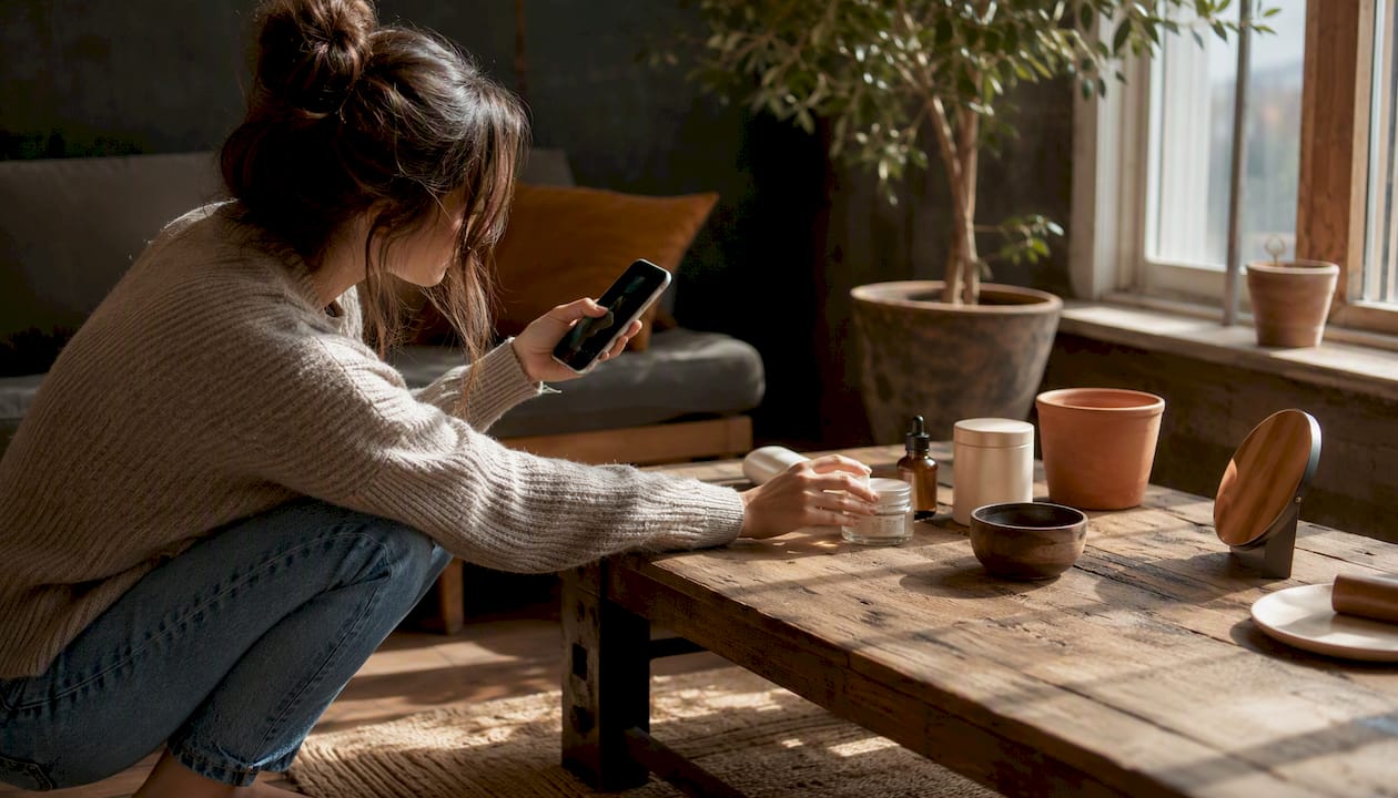 Hands arranging beauty products for Instagram photo