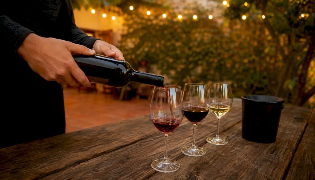 Hands pouring wine flight on rustic table