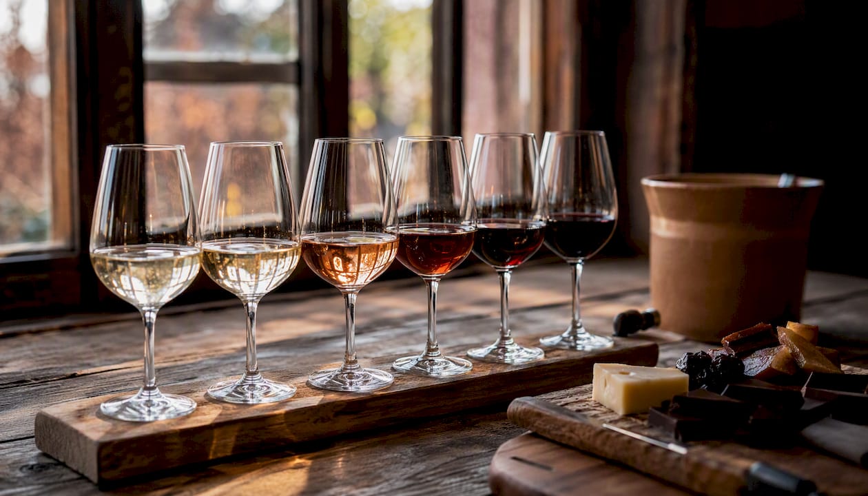 Wine tasting glasses with cheese and chocolate
