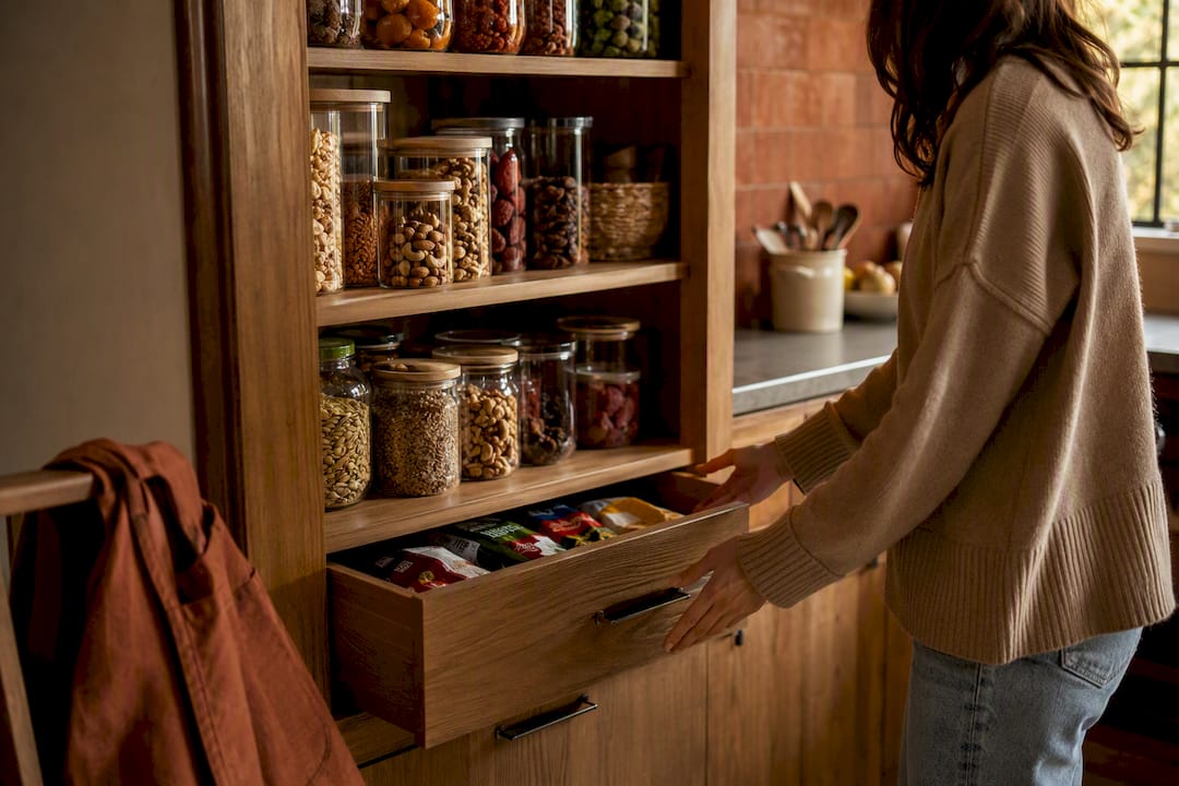 Hands closing snack drawer in rustic kitchen