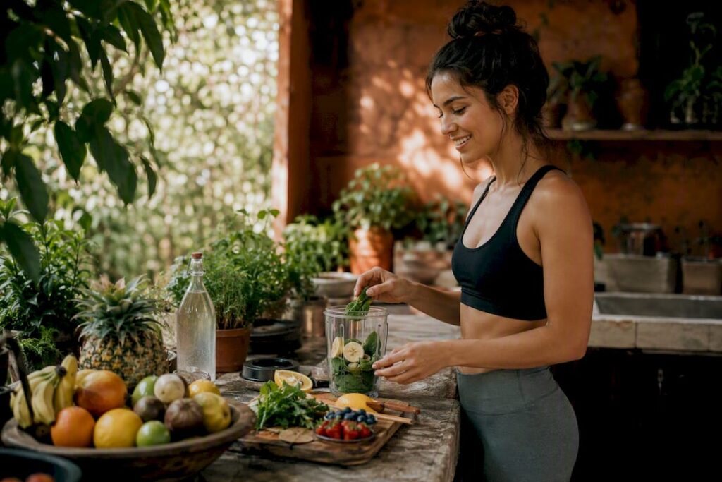 Hands arranging water and vegetables on table