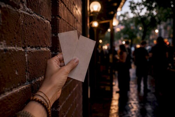 Hand holding theater tickets outside venue