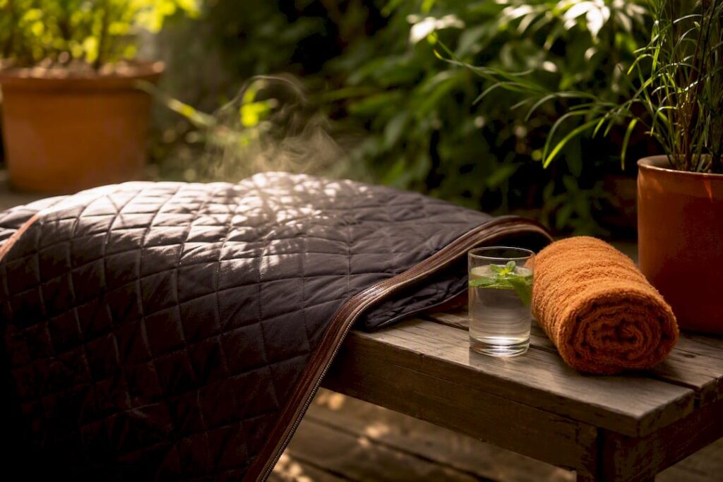 Folded sauna blanket and wellness setup
