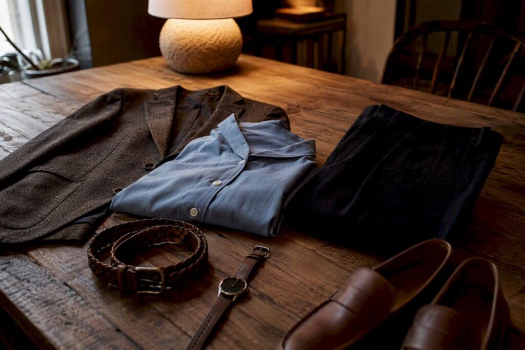 Flat lay of smart casual clothes and accessories