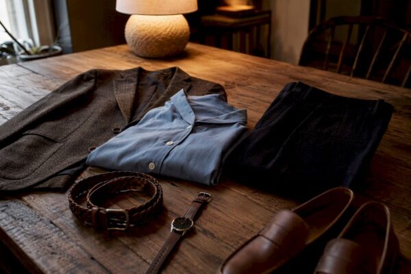 Flat lay of smart casual clothes and accessories