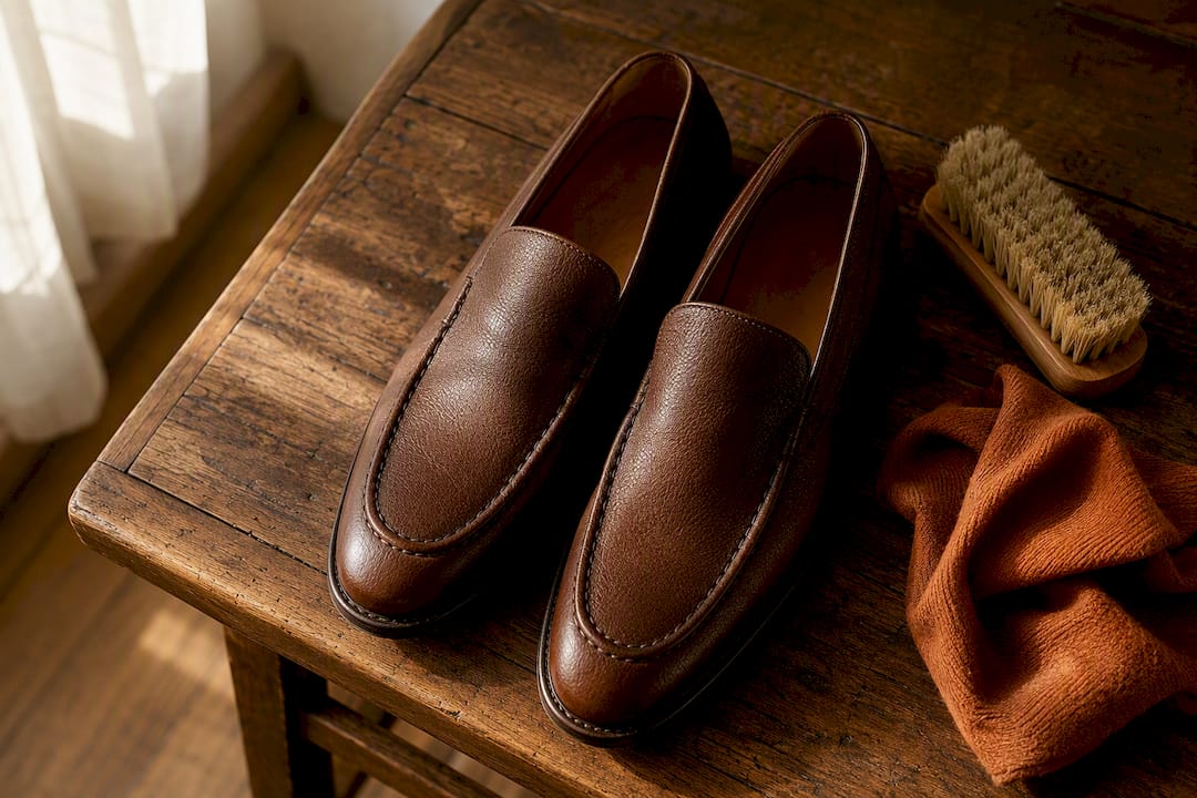 Clean leather loafers with shoe care items