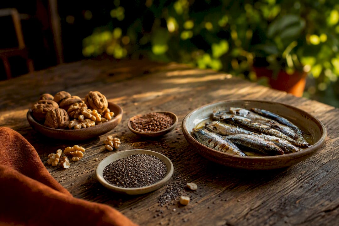 Assorted omega-3 rich foods on rustic plate