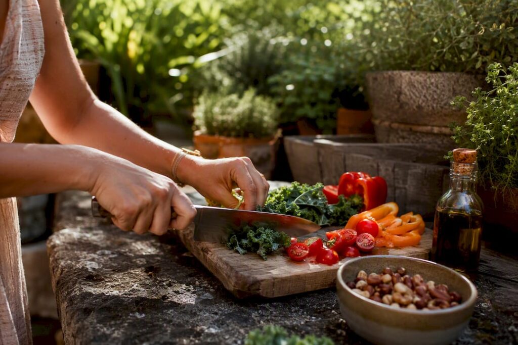Hands chopping vegetables for healthy meal