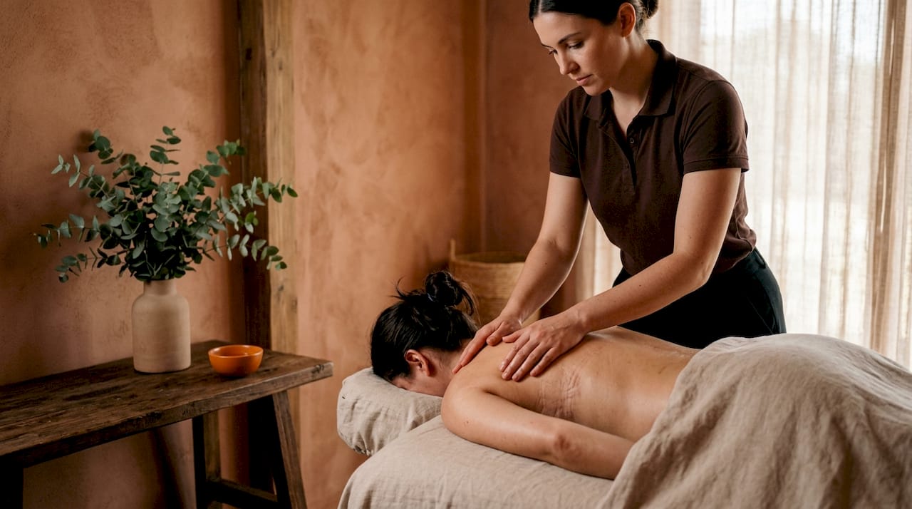 Therapist adjusting massage strokes on scarred back